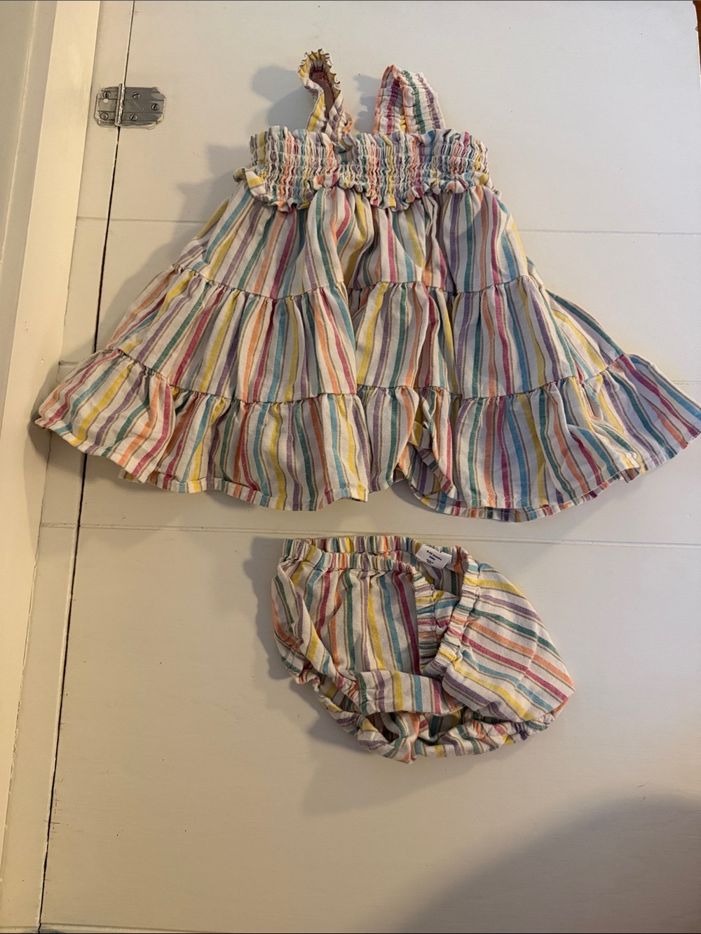 GAP Girls Rainbow Stripe Ruffle Sundress with Bloomers - White & Multicolor